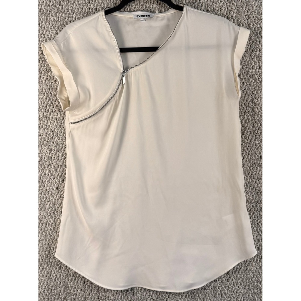 Express Asymmetrical Zip Blouse XS Cream Short Sleeve Work Professional Top